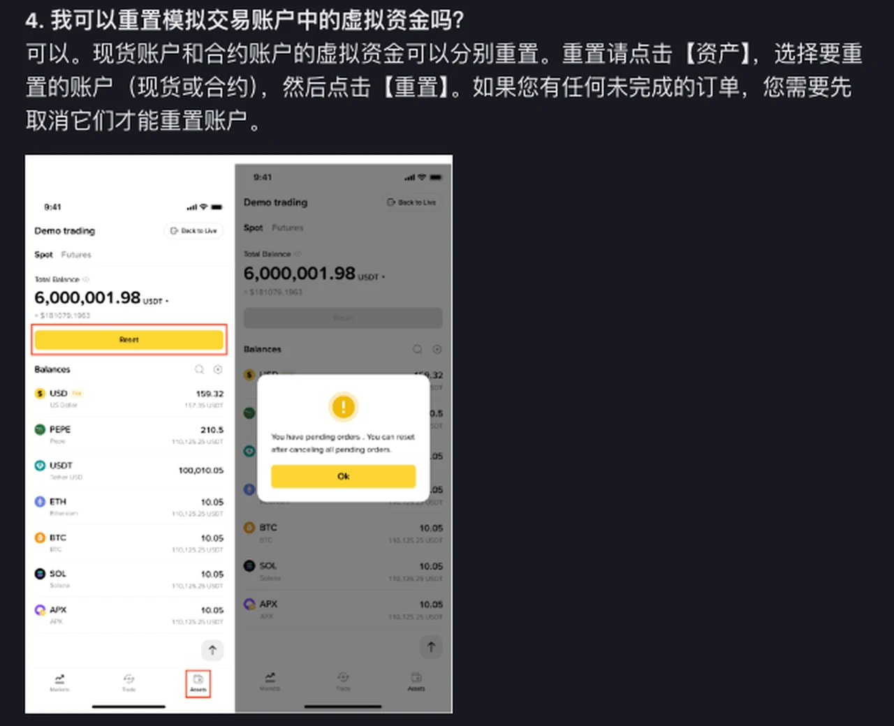 币安帮助中心模拟交易常见问答第 4 条截图：资产页的重置按钮被红框标出，右侧弹窗提示有未完成订单时需先取消才能重置