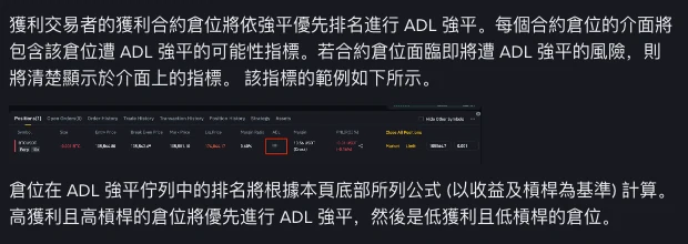 币安帮助中心给出的 ADL 指示示例：合约仓位列表中，保证金比率右侧的 ADL 列被红框标出